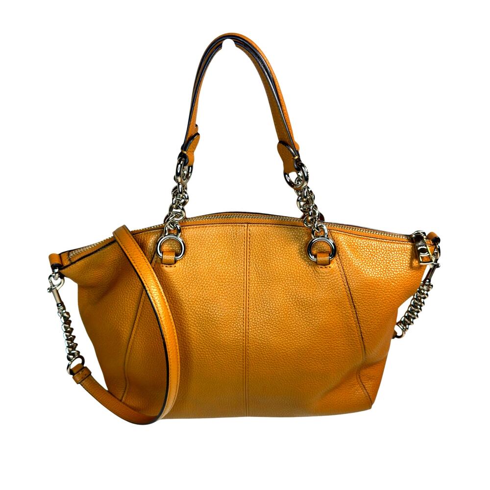 Coach Pebbled Leather Satchel Crossbody Bag Tan Brown Silver Hardware - Picture 2 of 14